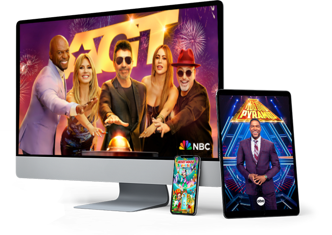 Desktop screen, tablet, and mobile phone with various shows on their screens